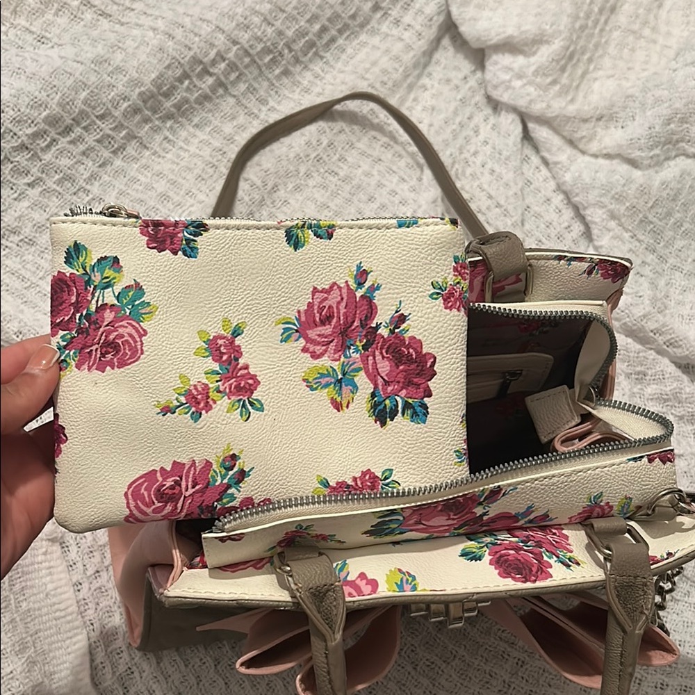 Betsey Johnson Pink and Gray Quilted Heart Satchel - Picture 4 of 5